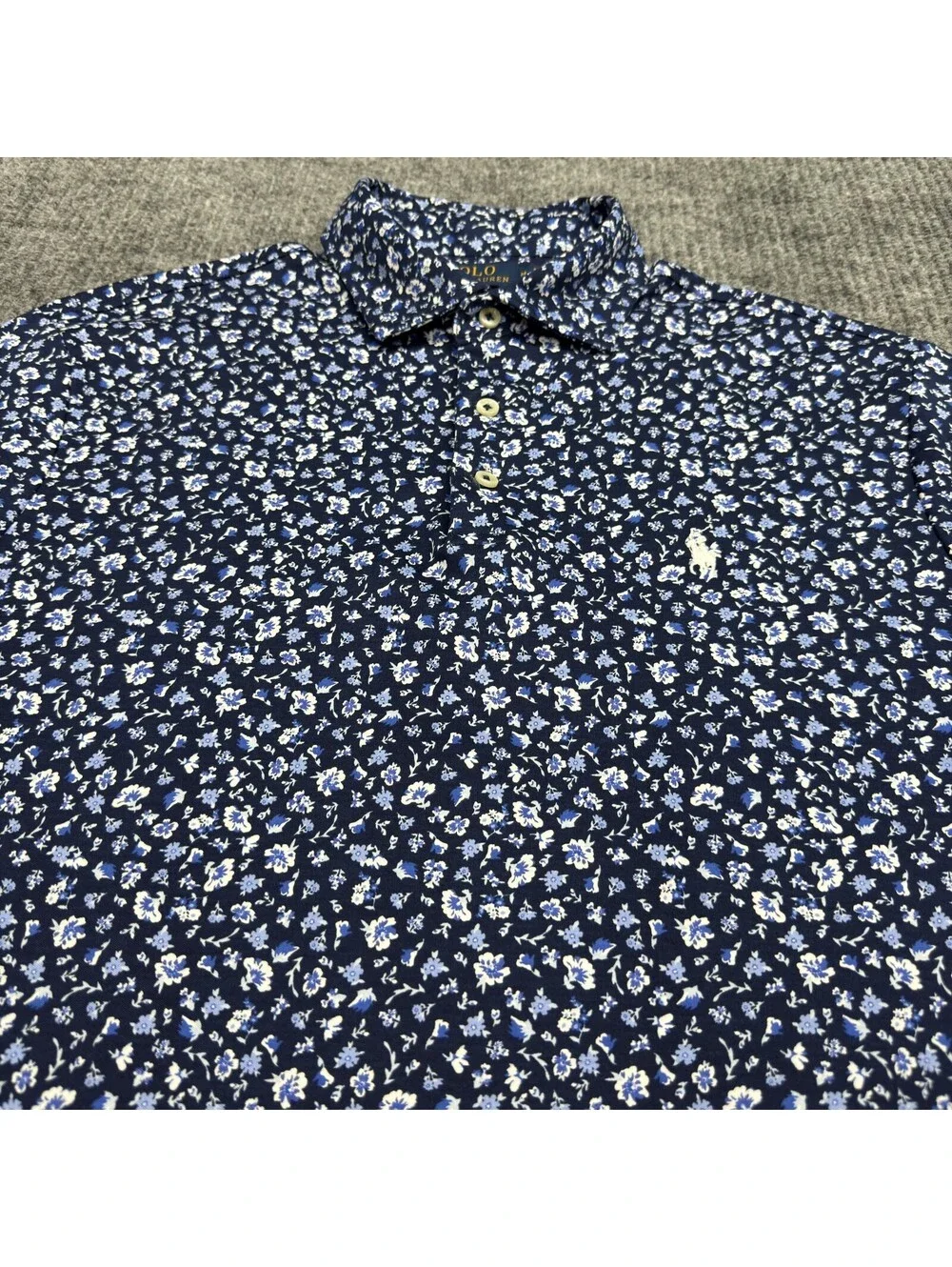 Polo Ralph Lauren Polo Shirt Mens M Custom Slim Fit Blue White Floral AOP Preppy